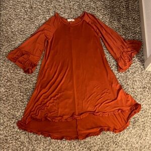 Rust Orange Flowy Dress with Ruffle Sleeves and Pockets